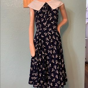 Navy dress with bird print
